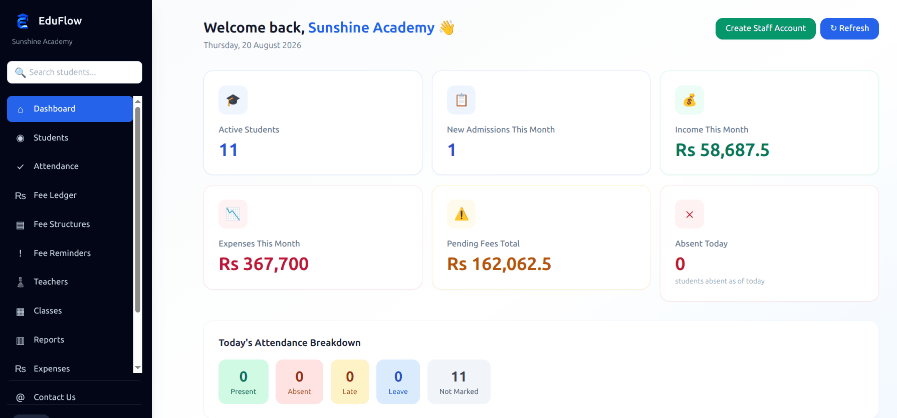 EduFlow dashboard showing academy operations
